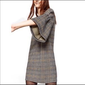 🎁Zara Frill Sleeve Plaid Mini Shift Dress Sz S